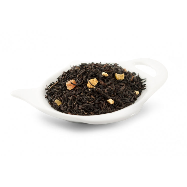 svart te Te med härligt tropisk smak av papaya, ananas, apelsin och cocos som ger en spännande kombination. Dekorerad med citrusskal.