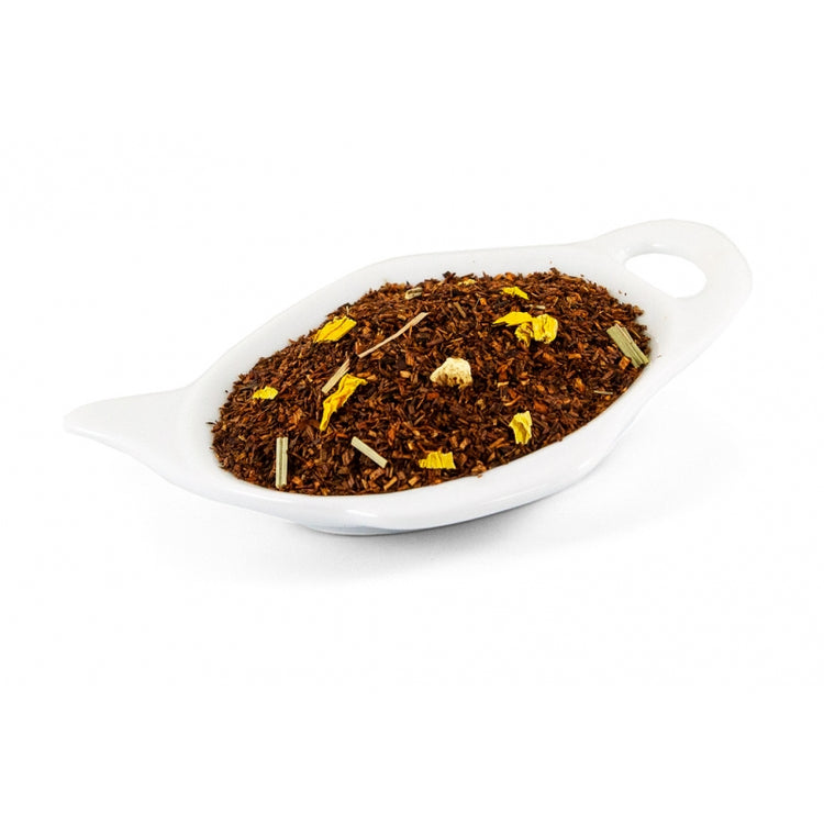 rooibos te Te med rund och söt citronsmak. Innehåller citrusskal, citrongräs, solrosblomma, grädde och yoghurt.