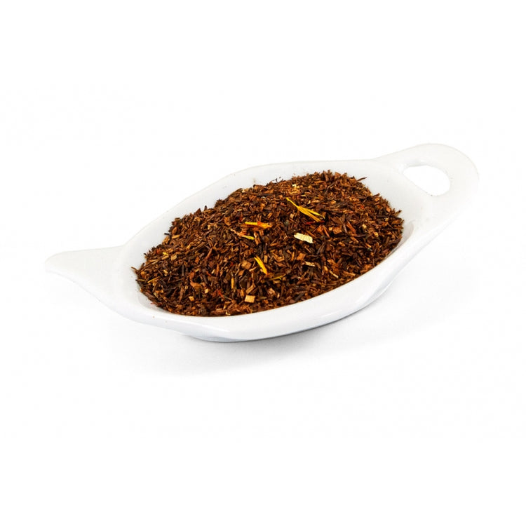 Rooibos te Fruktigt te med smak av mango, papaya, passionsfrukt, maracuja, och ananas. Dekorerad med solrosblommor, gröna malvablad och safflor.