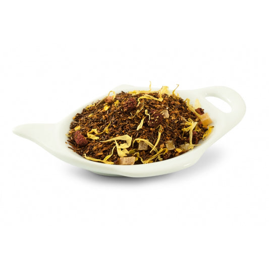 rooibos te Spännande mix av jordgubb och passionsfrukt. Hettas upp med chili och svalkas ner med yoghurt. Dekorerad med ringblomma.