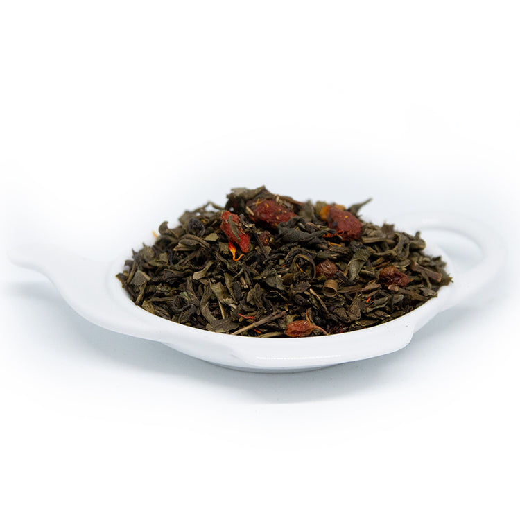 Ett grönt sött te med smak av torkade gojibär, havtorn, tranbär, jordgubb och safflorblommor.