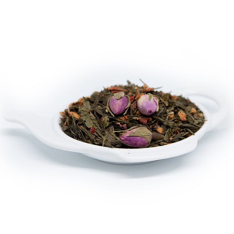 grönt te med ros och jasmin, Innehåller äpple, olivblad och lychee.