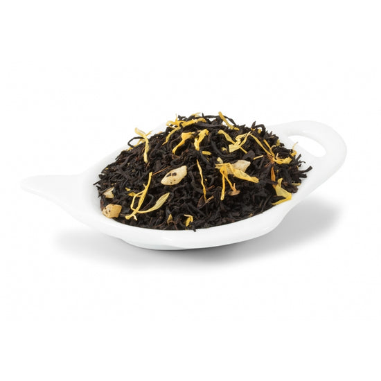 svart te Te med fruktig smak av mango, passionsfrukt och ananas. Dekorerad med ringblommor och mangobitar.