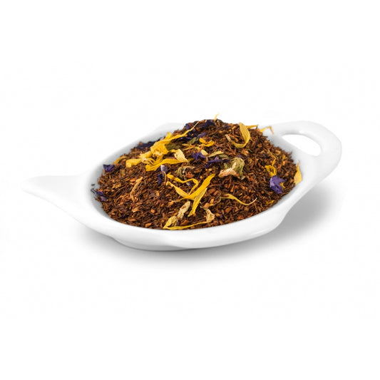 rooibos te Klassisk smak av bergamott. Dekorerad med ringblomma och blåklint.