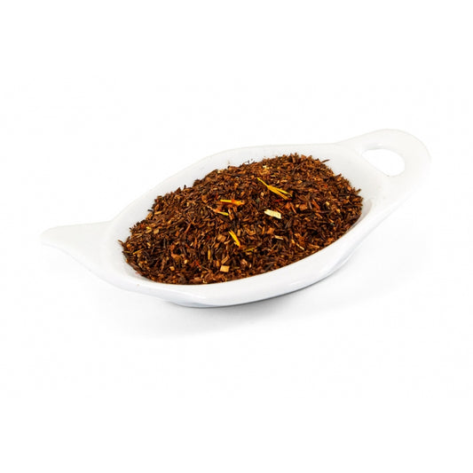 Rooibos te Fruktigt te med smak av mango, papaya, passionsfrukt, maracuja, och ananas. Dekorerad med solrosblommor, gröna malvablad och safflor.