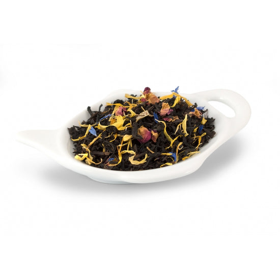 svart te Ett fruktigt te med passionsfrukt, aprikos, persika och vanilj. Innehåller ringblommor, rosenblad och blåklint.